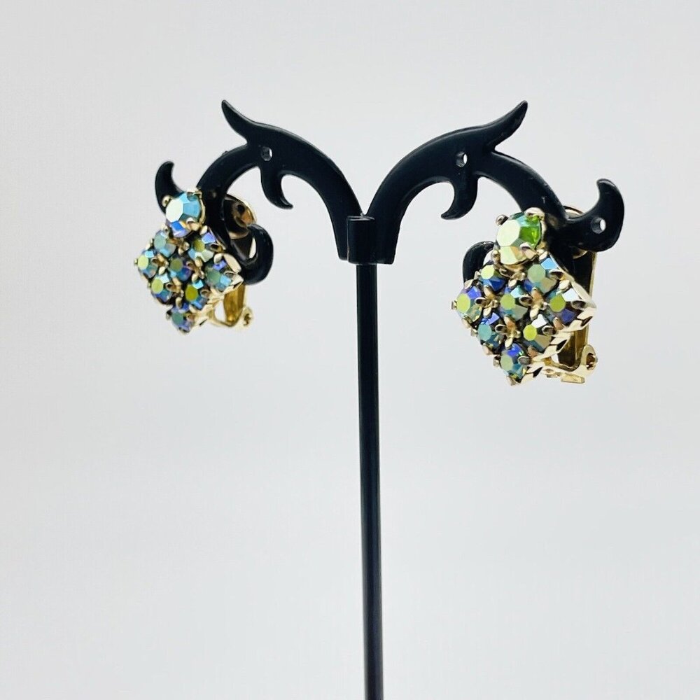 Vintage Square Aurora Borealis Earrings Gold Tone Clip On Glam Bling Sparkle - Picture 5 of 9